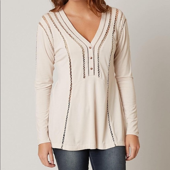 BKE Tops - Red by BKE crochet inset cream long sleeve top.